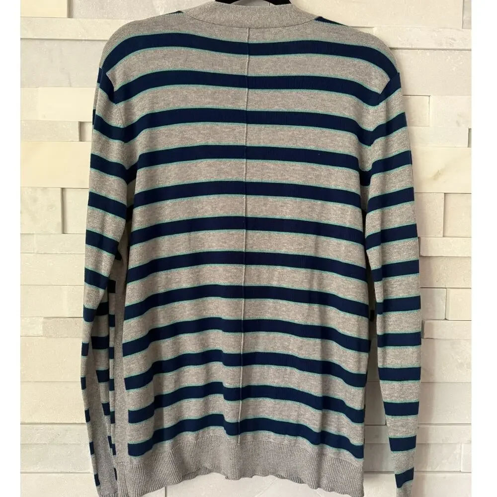 RAG & BONE Men;s Cotton V-neck Striped Cardigan Sweater L Gray Blue Teal Preppy
